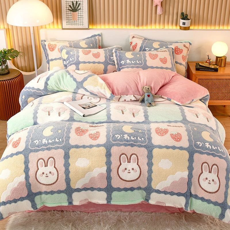 Coral Fleece Duvet Cover Sheet Flannel Pillowcase Pi-Mart