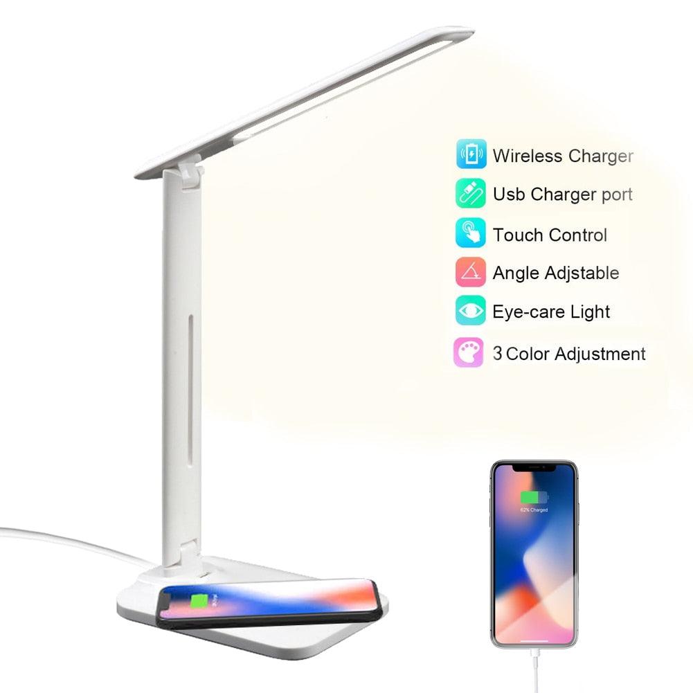 10W LED Desk Lamp with phone Wireless Charger, USB Charging Port, Dimmable Eye-Caring Office Lamp for Work,  Folding Design Decorative Table Lamp Cute Study Lamps for Bedroom Décor Stevvex