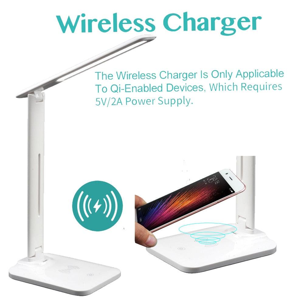 10W LED Desk Lamp with phone Wireless Charger, USB Charging Port, Dimmable Eye-Caring Office Lamp for Work,  Folding Design Decorative Table Lamp Cute Study Lamps for Bedroom Décor Stevvex