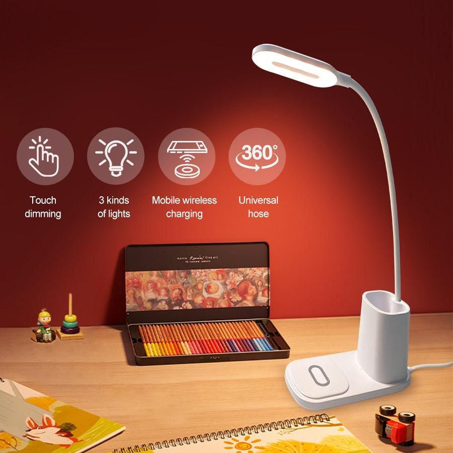 10W QI Quick Wireless Charging LED Desk Lamp Flexible Touch Dimmable Eye Protect Reading Table Light Bedroom Office Table Lamp Decorative Table Lamp Cute Study Lamps for Bedroom Décor Stevvex