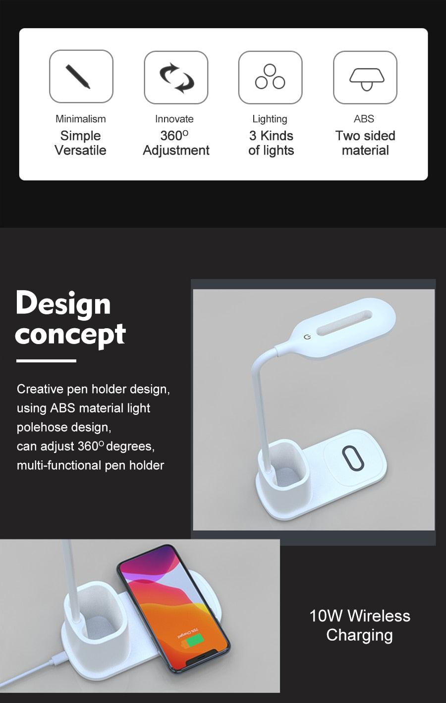 10W QI Quick Wireless Charging LED Desk Lamp Flexible Touch Dimmable Eye Protect Reading Table Light Bedroom Office Table Lamp Decorative Table Lamp Cute Study Lamps for Bedroom Décor Stevvex