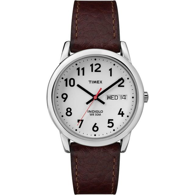 Timex Men's Easy Reader 35mm Day-Date Watch – Silver-Tone Case White Dial with Dark Brown Leather Strap