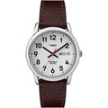 Timex Men's Easy Reader 35mm Day-Date Watch – Silver-Tone Case White Dial with Dark Brown Leather Strap