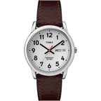 Timex Men's Easy Reader 35mm Day-Date Watch – Silver-Tone Case White Dial with Dark Brown Leather Strap