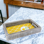 Handmade Wooden Serving Tray Yellow Striped Interior With Double Sided Lemon Ornament