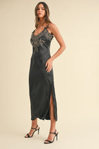 Embroidered Cami Satin Midi Slit Dress – Satin Dress, Sexy, Flattering, Embroidered Dress, Cami Style Dress, Midi Dress, Slit Detail Dress, Elegant Satin Dress Stevvex