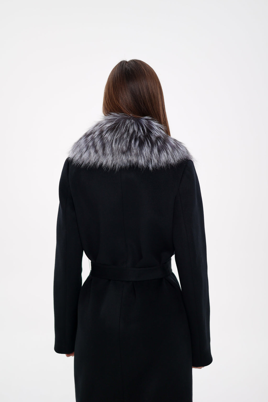 Genuine Silver Fox Virgin Wool Wrap Coat in Black - SJB-DIAMOND ELITES