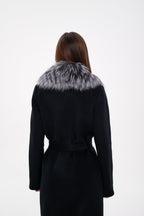 Genuine Silver Fox Virgin Wool Wrap Coat in Black - SJB-DIAMOND ELITES