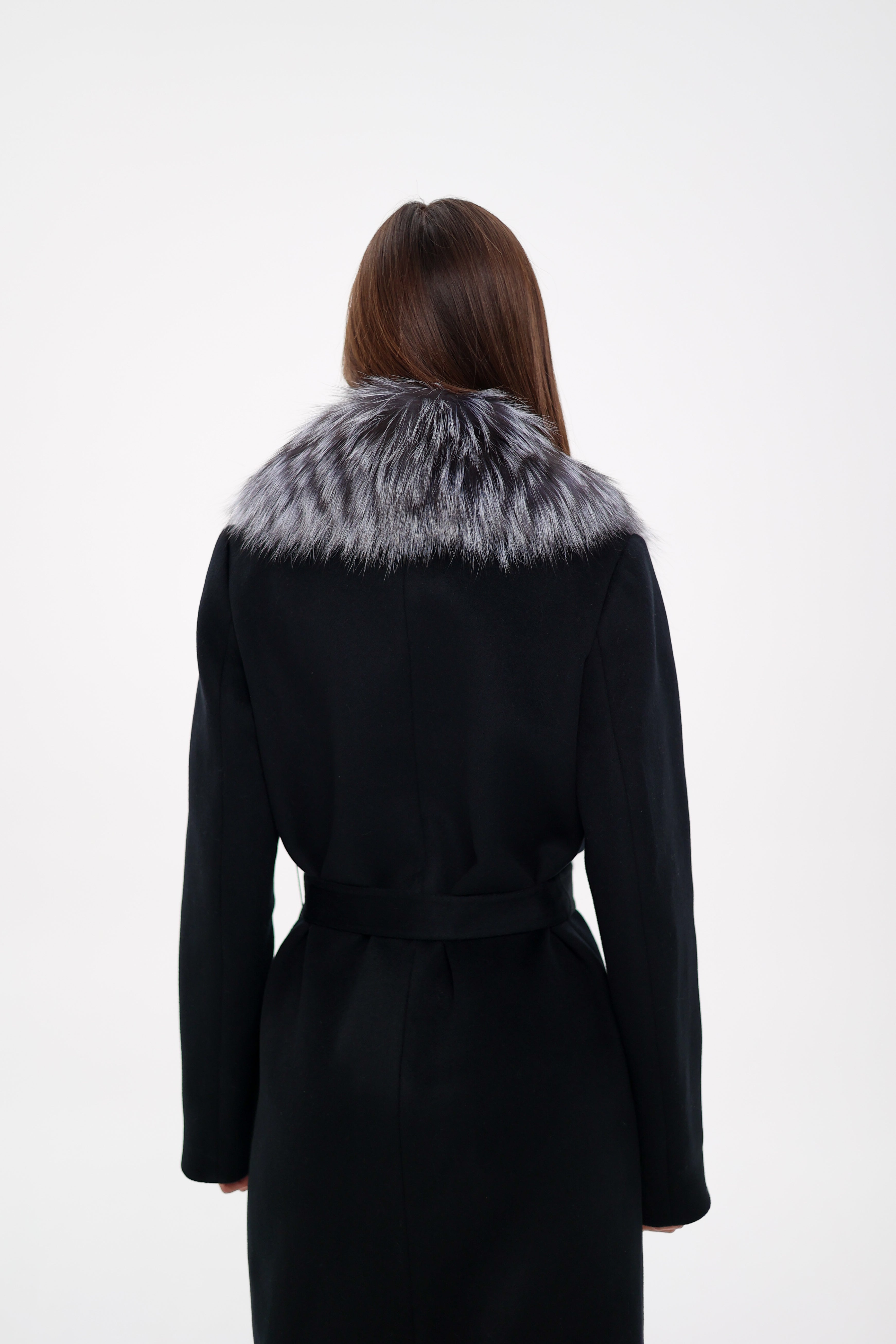 Genuine Silver Fox Virgin Wool Wrap Coat in Black - SJB-DIAMOND ELITES