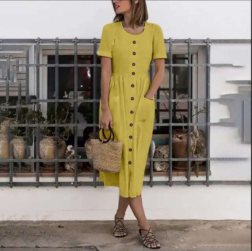 Summer Fashion Round Neck Button Short Sleeve with Pocket Women's Dress Long Skirt DR08210503 - SJB-DIAMOND ELITES
