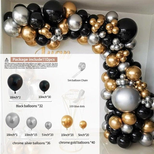 110pcs Black Gold Metallic Silver Classic Color Balloons Set For Wedding Birthday Party Decoration Shower Parties and Birthday Party Stevvex