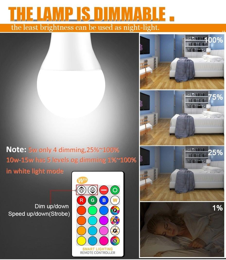 110V 220V E27 RGB LED Bulb Lights 5W 10W 15W RGB Lampada Changeable Colorful RGBW LED Lamp With IR Remote Control+Memory Mode RGB LED Light Bulbs, 10W LED Color Changing Light Bulb with Remote Control Stevvex