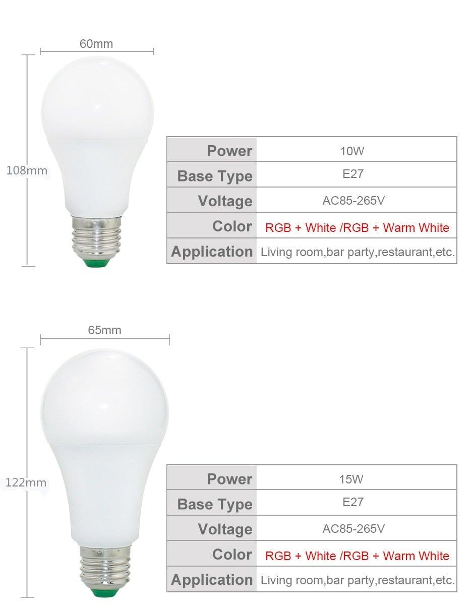 110V 220V E27 RGB LED Bulb Lights 5W 10W 15W RGB Lampada Changeable Colorful RGBW LED Lamp With IR Remote Control+Memory Mode RGB LED Light Bulbs, 10W LED Color Changing Light Bulb with Remote Control Stevvex