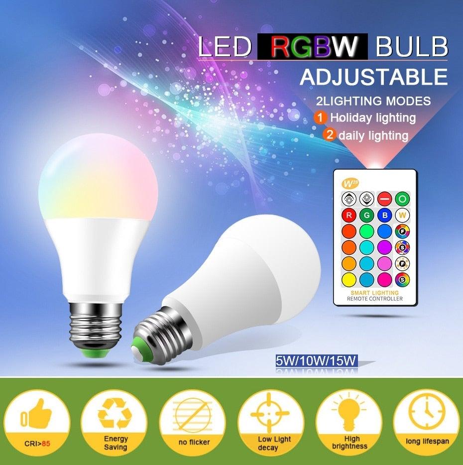 110V 220V E27 RGB LED Bulb Lights 5W 10W 15W RGB Lampada Changeable Colorful RGBW LED Lamp With IR Remote Control+Memory Mode RGB LED Light Bulbs, 10W LED Color Changing Light Bulb with Remote Control Stevvex