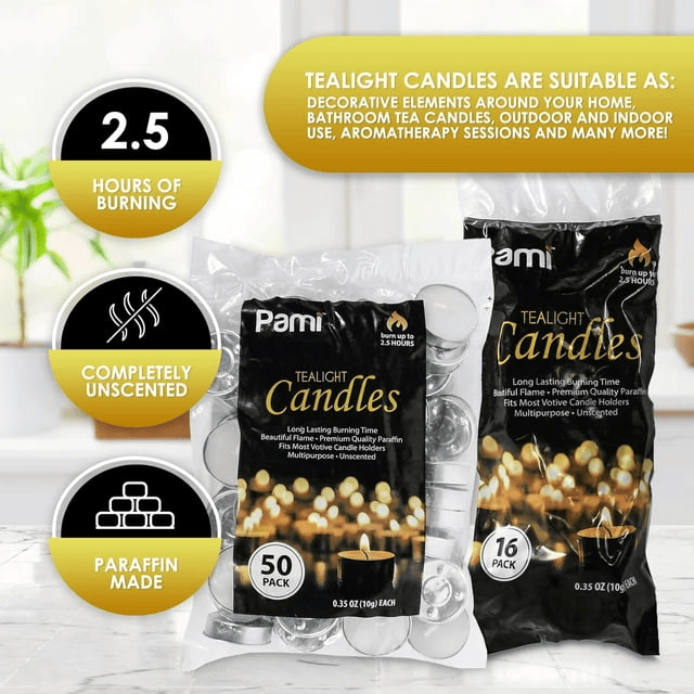 PAMI Tealight Candles Unscented Paraffin Small Candles in Bulk, 16-Pack EasyOptionXY LLC