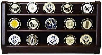 3 Rows Shelf Challenge Coin Holder Display Casino Chips Holder Solid Wood - Cherry Finish The Military Gift Store