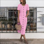 Summer Fashion Round Neck Button Short Sleeve with Pocket Women's Dress Long Skirt DR08210503 - SJB-DIAMOND ELITES