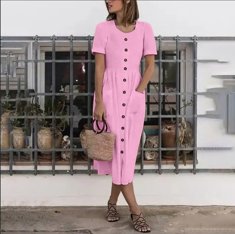 Summer Fashion Round Neck Button Short Sleeve with Pocket Women's Dress Long Skirt DR08210503 - SJB-DIAMOND ELITES