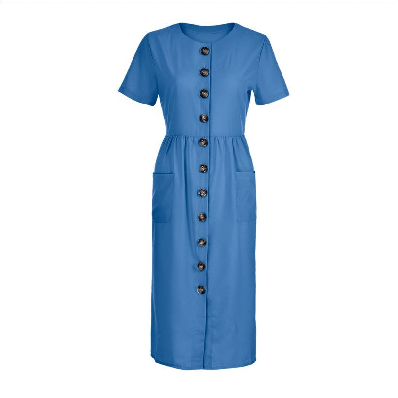 Summer Fashion Round Neck Button Short Sleeve with Pocket Women's Dress Long Skirt DR08210503 - SJB-DIAMOND ELITES
