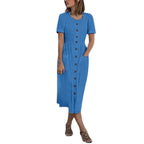 Summer Fashion Round Neck Button Short Sleeve with Pocket Women's Dress Long Skirt DR08210503 - SJB-DIAMOND ELITES