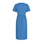 Summer Fashion Round Neck Button Short Sleeve with Pocket Women's Dress Long Skirt DR08210503 - SJB-DIAMOND ELITES