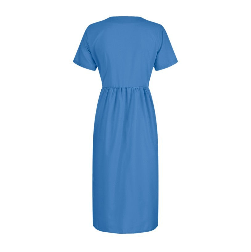 Summer Fashion Round Neck Button Short Sleeve with Pocket Women's Dress Long Skirt DR08210503 - SJB-DIAMOND ELITES