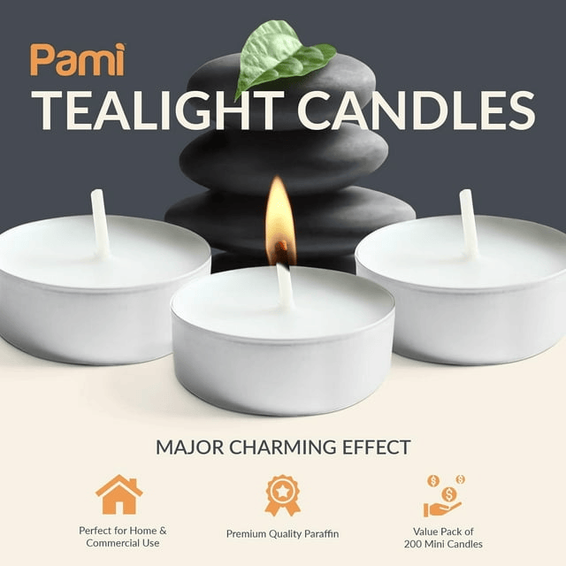 PAMI Premium Tealight Candles Unscented Paraffin Small Candles in Bulk, 200-Pack