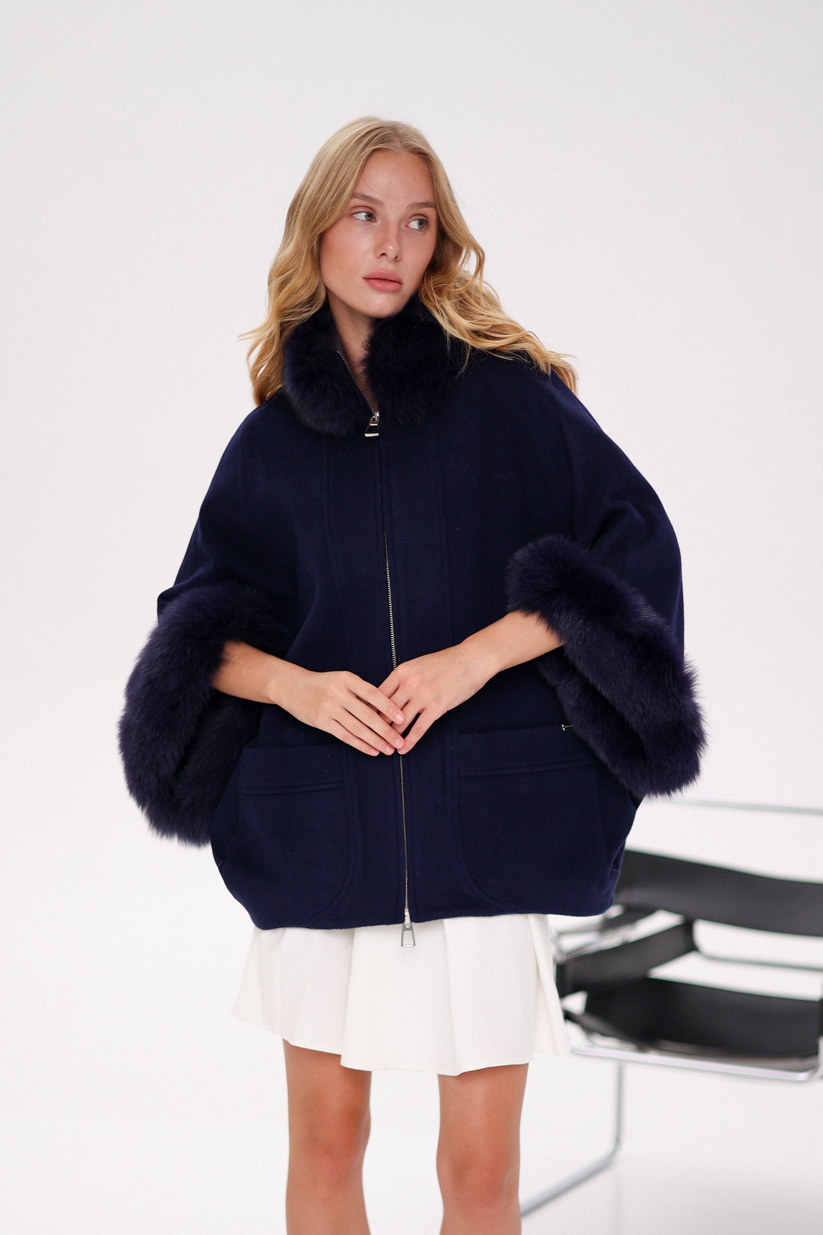 Genuine Polar Fox Fur Cashmere Blend Poncho in True Navy - SJB-DIAMOND ELITES