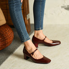 Burgundy bright leather strap square toe shoes for women Pi-Mart