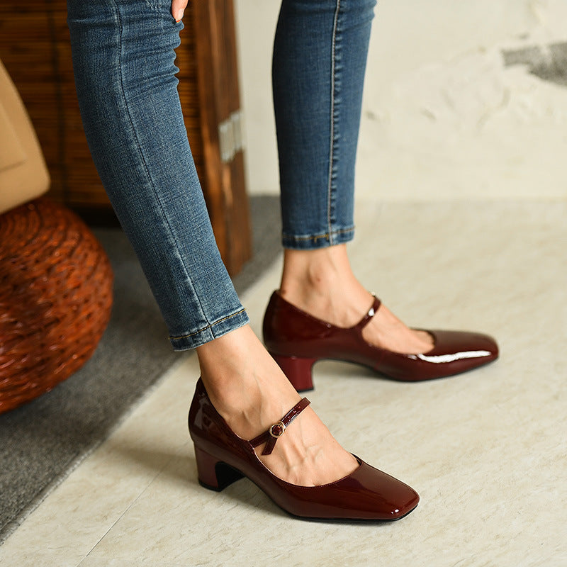 Burgundy bright leather strap square toe shoes for women Pi-Mart