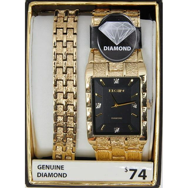 Elgin Adult Male Analog Metal Bracelet Wristwatch Set in Gold with 4 Diamonds (FG9031ST)