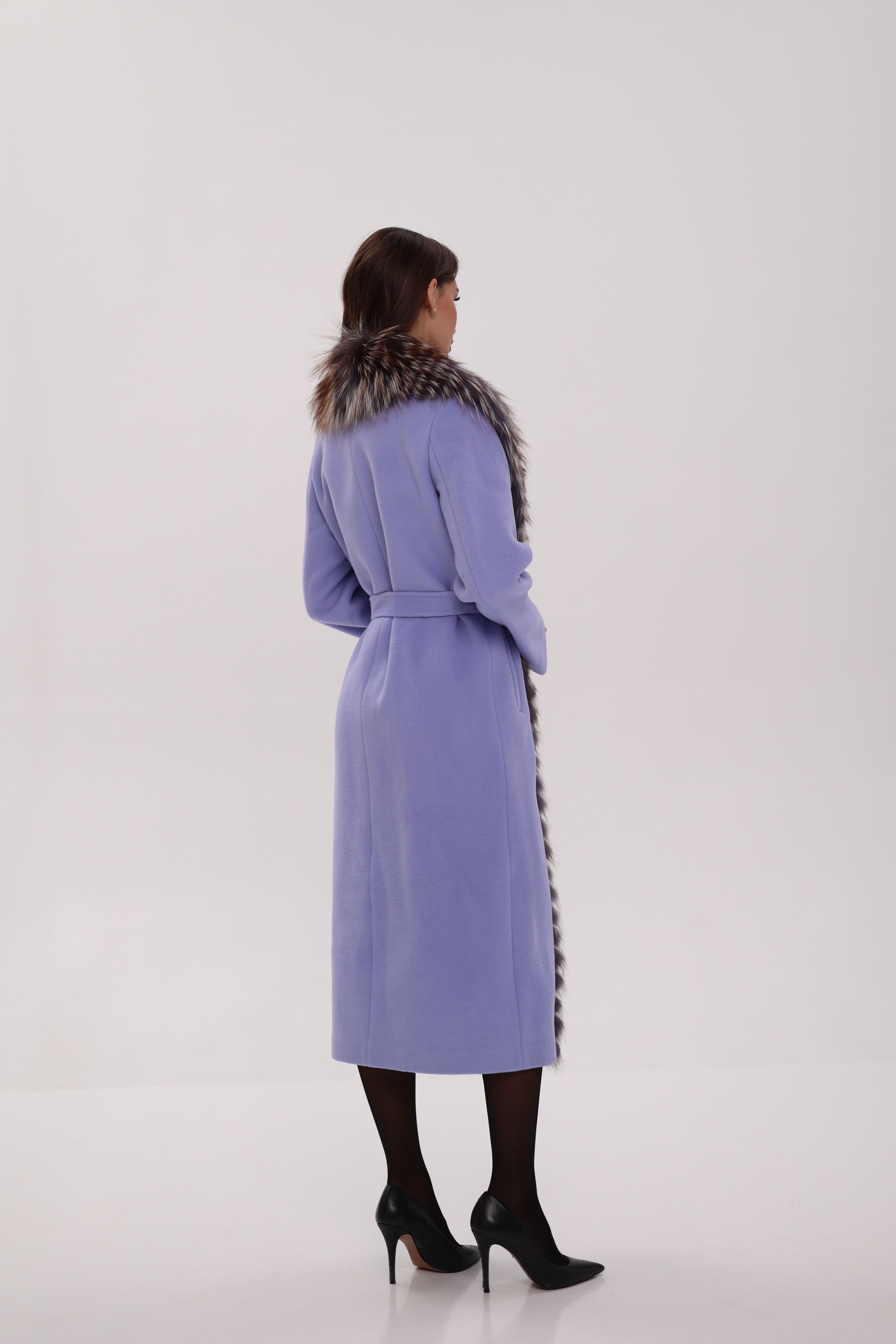 Genuine Silver Fox Virgin Wool Wrap Coat in Lavender - SJB-DIAMOND ELITES