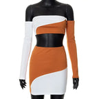 Contrast Chest Wrapped Long Sleeve Top Hip Wrap Skirt - SJB-DIAMOND ELITES