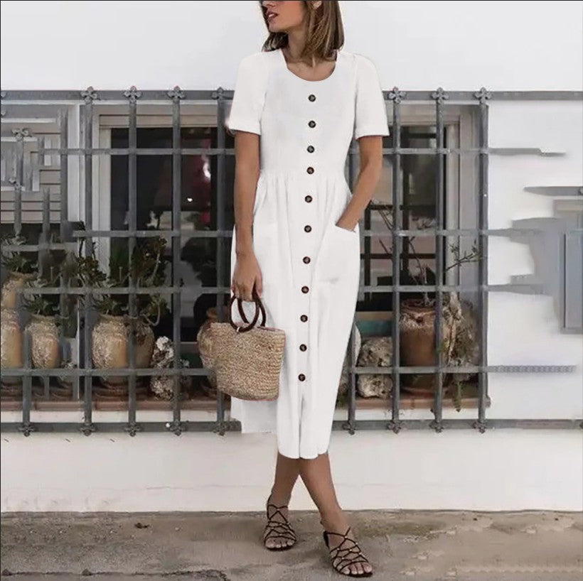 Summer Fashion Round Neck Button Short Sleeve with Pocket Women's Dress Long Skirt DR08210503 - SJB-DIAMOND ELITES
