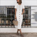 Summer Fashion Round Neck Button Short Sleeve with Pocket Women's Dress Long Skirt DR08210503 - SJB-DIAMOND ELITES