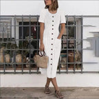 Summer Fashion Round Neck Button Short Sleeve with Pocket Women's Dress Long Skirt DR08210503 - SJB-DIAMOND ELITES