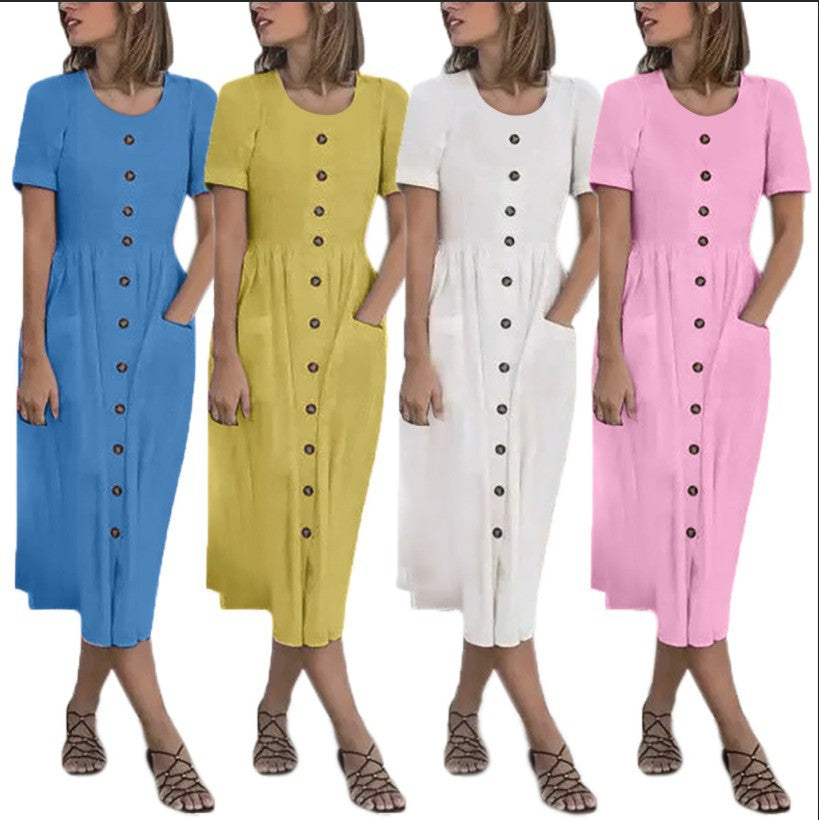 Summer Fashion Round Neck Button Short Sleeve with Pocket Women's Dress Long Skirt DR08210503 - SJB-DIAMOND ELITES