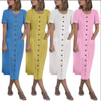 Summer Fashion Round Neck Button Short Sleeve with Pocket Women's Dress Long Skirt DR08210503 - SJB-DIAMOND ELITES