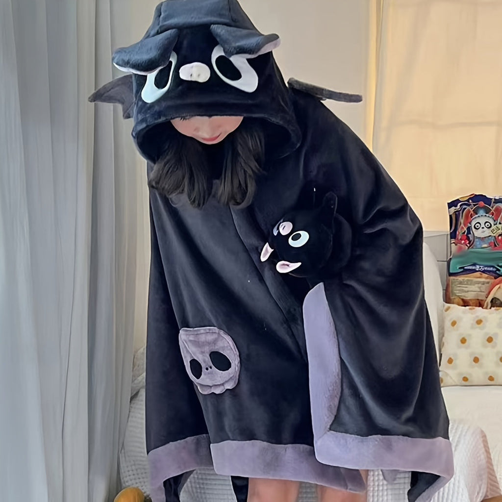 Cozy Bat-Themed Hooded Wearable Blanket with Detachable Nose - Soft Flannel, Machine Washable for Autumn & Winter Lootquake LLC