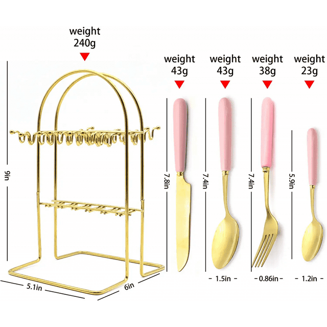 Gold Silverware Set, Caliamary 24 Pieces Flatware Set with Silverware Holder, Stainless Steel Knives and Forks and Spoons Cutlery Set Service for 6, Kitchen Utensil Tableware Set with Pink Handle EasyOptionXY LLC