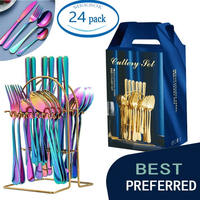 MEKBOK Colorful Silverware Set,24 piece Stainless Steel Flatware Set with Hanging Caddy,Iridescent Cutlery Utensils Set Service for 6,(Muti-colorful, 24-Piece)