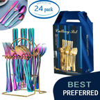 MEKBOK Colorful Silverware Set,24 piece Stainless Steel Flatware Set with Hanging Caddy,Iridescent Cutlery Utensils Set Service for 6,(Muti-colorful, 24-Piece)