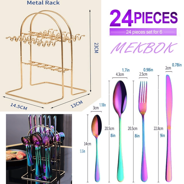 MEKBOK Colorful Silverware Set,24 piece Stainless Steel Flatware Set with Hanging Caddy,Iridescent Cutlery Utensils Set Service for 6,(Muti-colorful, 24-Piece)