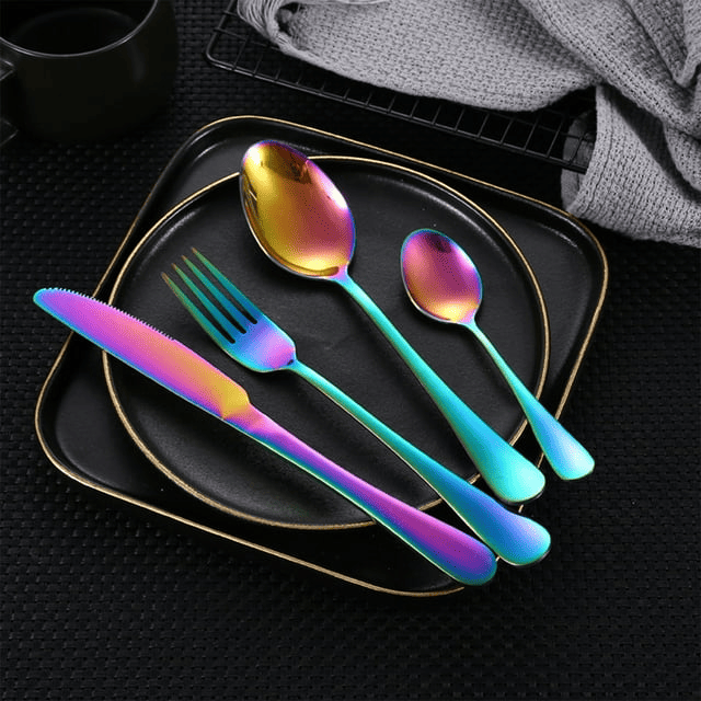 MEKBOK Colorful Silverware Set,24 piece Stainless Steel Flatware Set with Hanging Caddy,Iridescent Cutlery Utensils Set Service for 6,(Muti-colorful, 24-Piece)