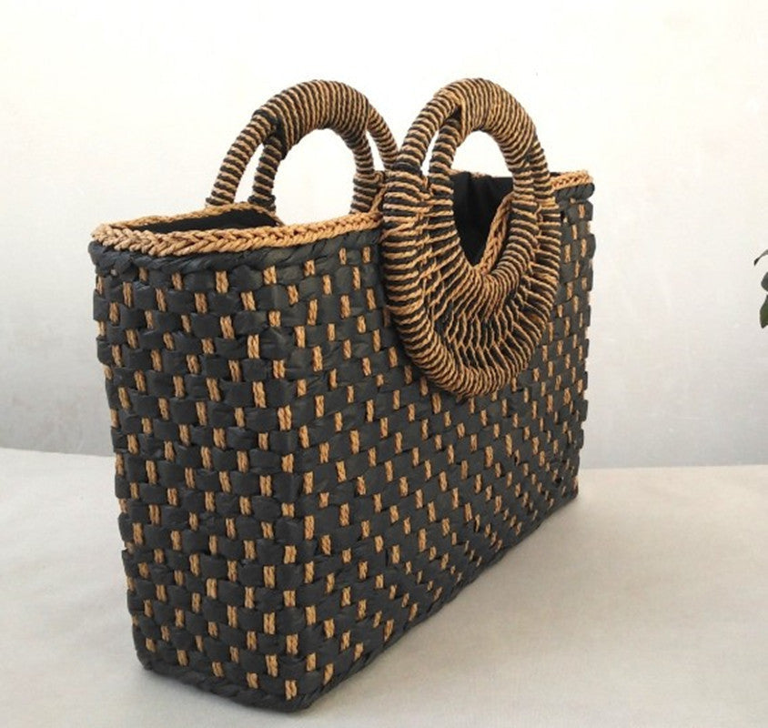 Wooden handle beach bag handbag Pi-Mart