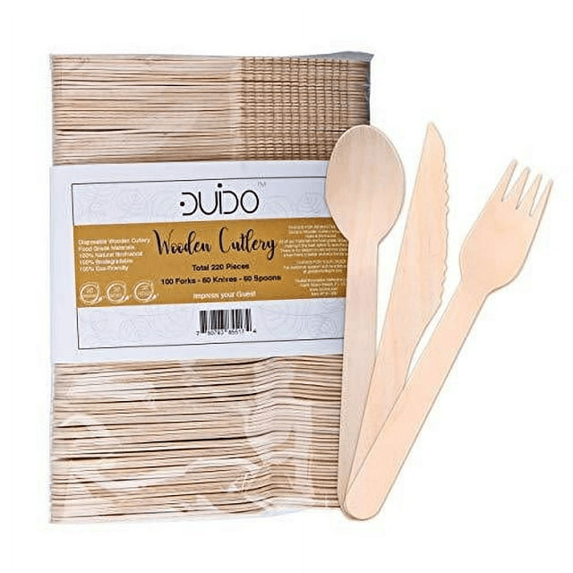 Biodegradable Disposable Wooden Cutlery Utensils ¨C (Pack of 220) Wooden Utensils for Eating 100 Forks 60 Knives 60 Spoons 5.5-inch Set Eco-Friendly Compostable Silverware Kit Party Supplies Events