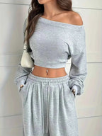 Full Size Boat Neck Crop Top & Wide Leg Pants Set Plus Size THRIXINE