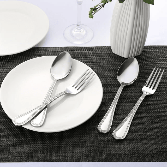 Walchoice 24-Piece Fork and Spoon Set, Stainless Steel Silverware Flatware Set for Party Wedding Banquet, Metal Eating Utensils Include 12 Dinner Fork & 12 Dinner Spoon - Pearled Edges