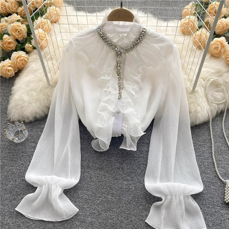 French Elegant Shirts Women Design Diamonds Loose Casual Tops Long Sleeve Ruffles Gentle Office Lady Blouses Spring Purplish Diva