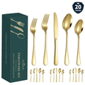 20-Piece Silverware Set, Stainless Steel Modern Flatware, Service for 4, Mirror Polished, Dishwasher Safe, Gold EasyOptionXY LLC